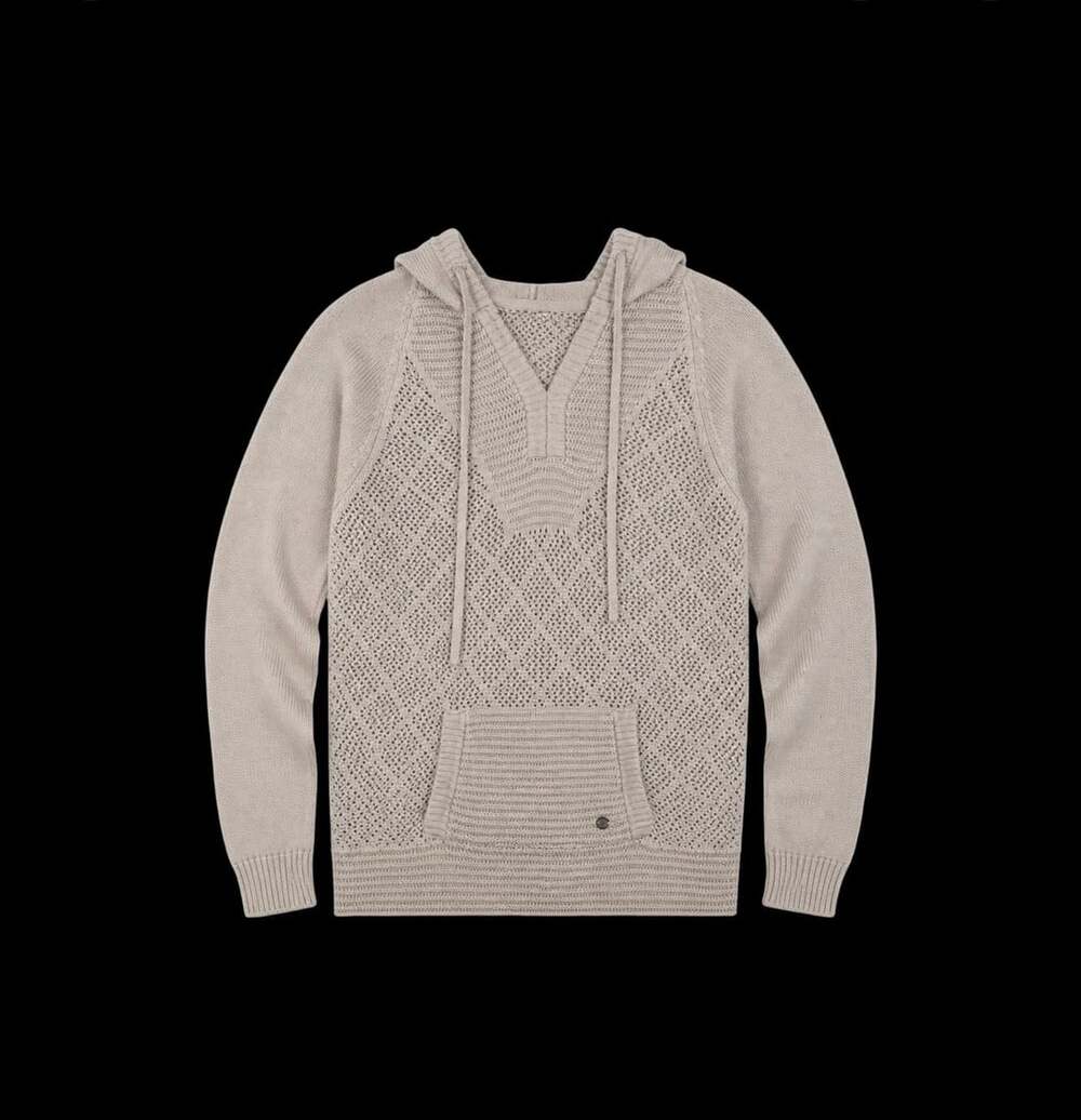 prAna Women's Beige Open Knit V-Neck Pullover Hoodie Sweater with Pocket Size S